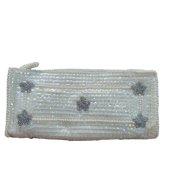 Bags By Debbie Cream Clutch Purse Vintage Iridescent Sequin Grey Beading Wedding - Picture 1 of 12